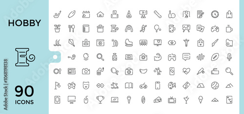 Hobby linear icon collection. Related to taxi, lifebuoy, holiday, ocean, sea, celebration, flip flops, mountaineering. Minimalist thin linear icon. Editable stroke. Vector illustration.