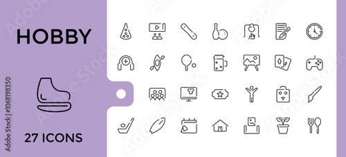 Hobby thin line icon set. Includes thin line attraction, activity, trip, bikini, signs and more. Outline icon collections. Vector outline icons Collection.