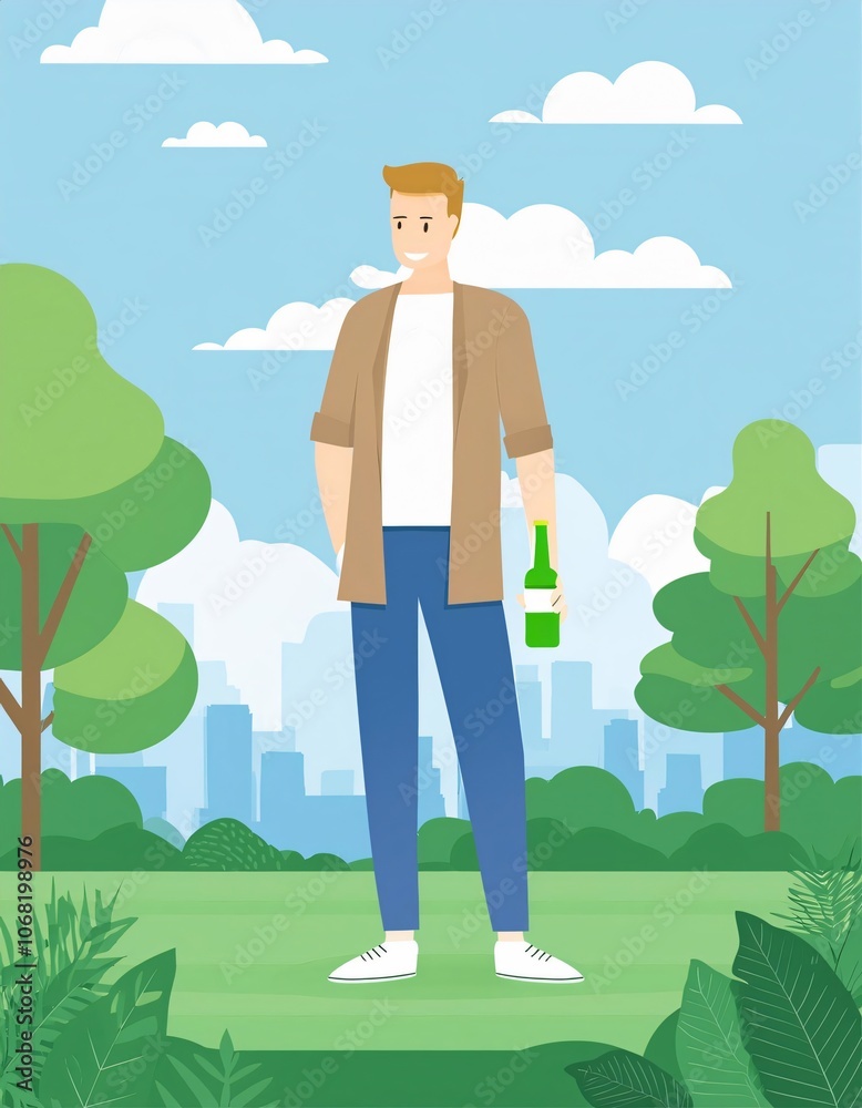 Man smiling while holding a green bottle, enjoying a peaceful day in the park and promoting urban outdoor leisure and recreation Man smiling while holding a green bottle, enjoying a peaceful day in the park and promoting urban outdoor leisure and recreation