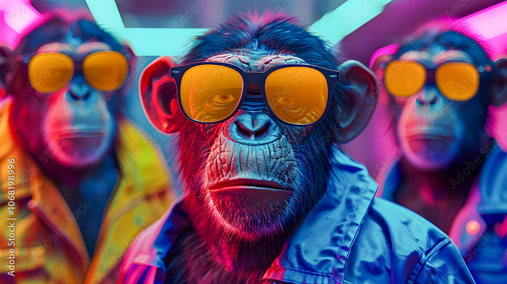 Creative animal concept. Ape in a group, vibrant bright fashionable outfits isolated on solid background advertisement, copy text space. birthday party invite invitation banner Creative animal concept. Ape in a group, vibrant bright fashionable outfits isolated on solid background advertisement, copy text space. birthday party invite invitation banner