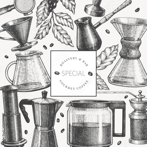 Alternative Coffee Makers Illustration. Vector Hand Drawn Specialty Coffee Equipment Banner. Vintage Style Coffee Bar Design 