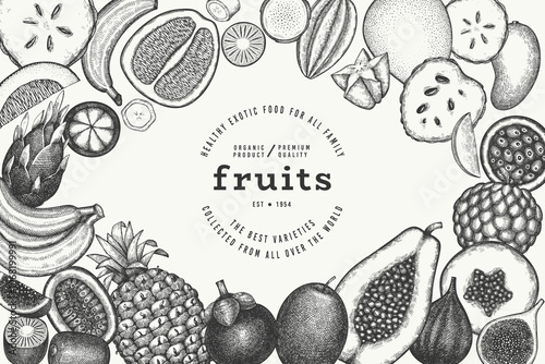 Tropical Fruit Design Template. Vector Hand Drawn Exotic Fruit Banner. Vintage Style Menu Illustration.