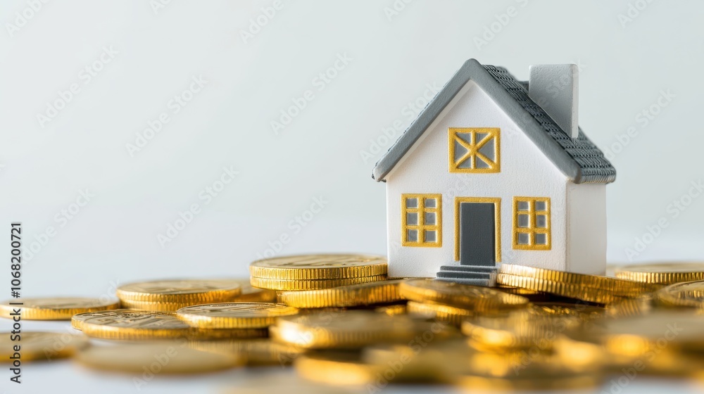 Tiny house on stack of coins, symbol of affordable housing and smart financial decisions for future stability Tiny house on stack of coins, symbol of affordable housing and smart financial decisions for future stability