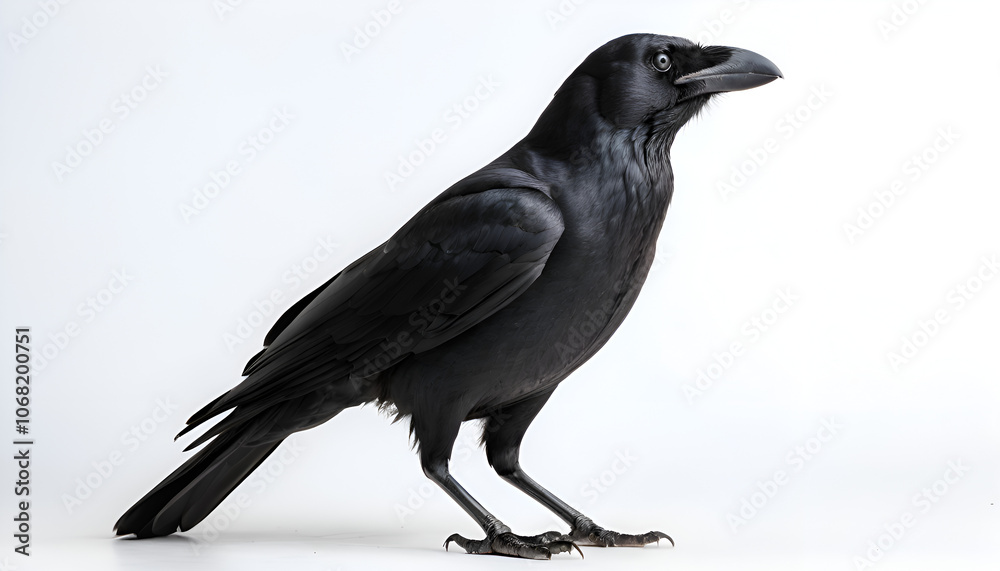 Obraz premium American crow (corvus brachyrhynchos) on white background. Suitable for marketing or business purposes. Panoramic banner with place for text