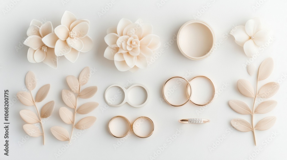 Elegant floral and ring arrangement on a soft white background, AI Elegant floral and ring arrangement on a soft white background, AI