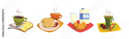 Different Breakfast Served Food and Meal Vector Set