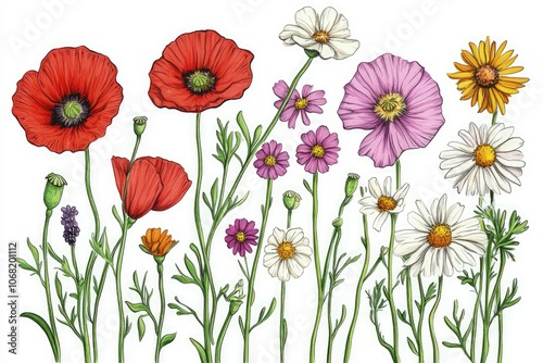 a bunch of different colored flowers on a white background