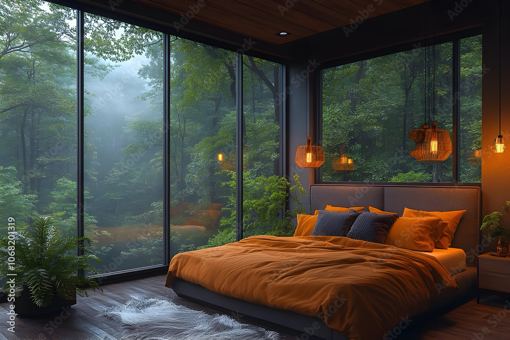 A luxurious nature inspired bedroom with a dark sophisticated design A luxurious nature inspired bedroom with a dark sophisticated design