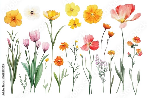 a bunch of flowers that are on a white background