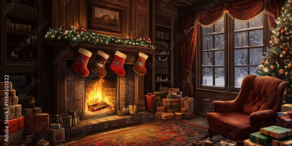 On Christmas Eve, stockings were hung on the fireplace, waiting for Santa Claus. On Christmas Eve, stockings were hung on the fireplace, waiting for Santa Claus.