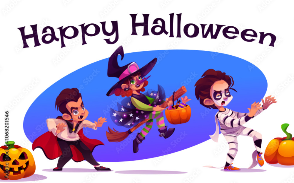 Kid in costume for Halloween party or carnival. Cute children character in dress of dracula vampire, witch and funny mummy. Happy girl have fun in kindergarten. Boy wearing monster apparel in autumn Kid in costume for Halloween party or carnival. Cute children character in dress of dracula vampire, witch and funny mummy. Happy girl have fun in kindergarten. Boy wearing monster apparel in autumn