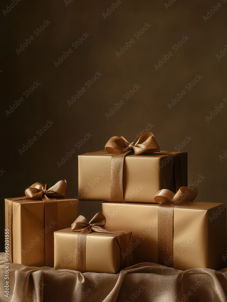 Three golden gift boxes in various sizes adorned with elegant bows for a luxurious holiday celebration or special occasion