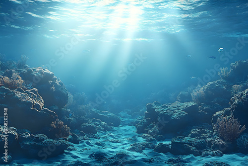 Blue underwater view with sea rocks and sand