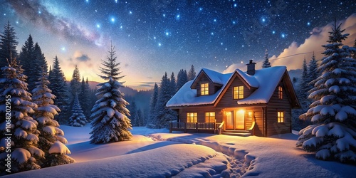 Cozy Winter Retreat: A Serene House in the Snow Under a Starry Night Sky with Soft Glows from Windows, Surrounded by Snowflakes and Pine Trees, Creating a Magical Atmosphere