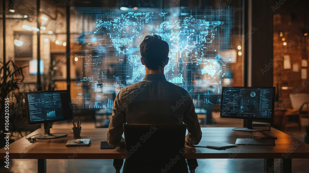 Fototapeta premium AI powered assistant projecting holographic interface in modern office, showcasing global data visualization and analytics. man is focused on screens