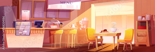 Empty cozy cafe or restaurant interior bathed in warm sunlight. Cartoon counter with display case and bar stools, dining table with bright yellow chairs, menu boards and pastry dome, coffee equipment.