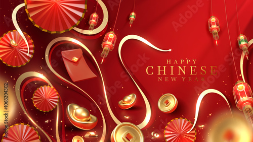 Chinese New Year background with glowing red lanterns, gold ingots, and traditional elements for luxurious holiday design. Poster for the Year of the Snake.