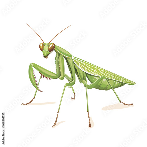 Green praying mantis isolated on a white background. Vector illustration. 