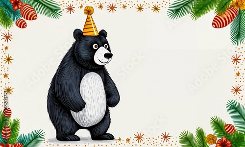Cartoon bear wearing a festive hat with colorful border in the background