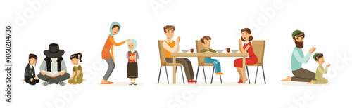 Religious People Characters of Different Religion with Kids Vector Set