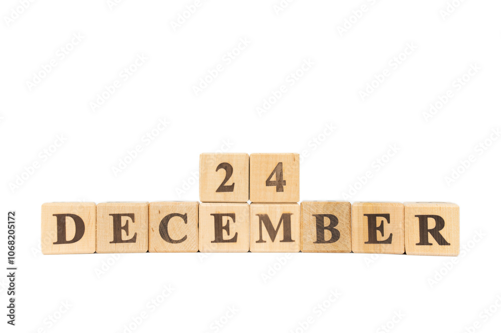 Date 24 December with wooden cubes isolated white background, Christmas eve time concept Date 24 December with wooden cubes isolated white background, Christmas eve time concept