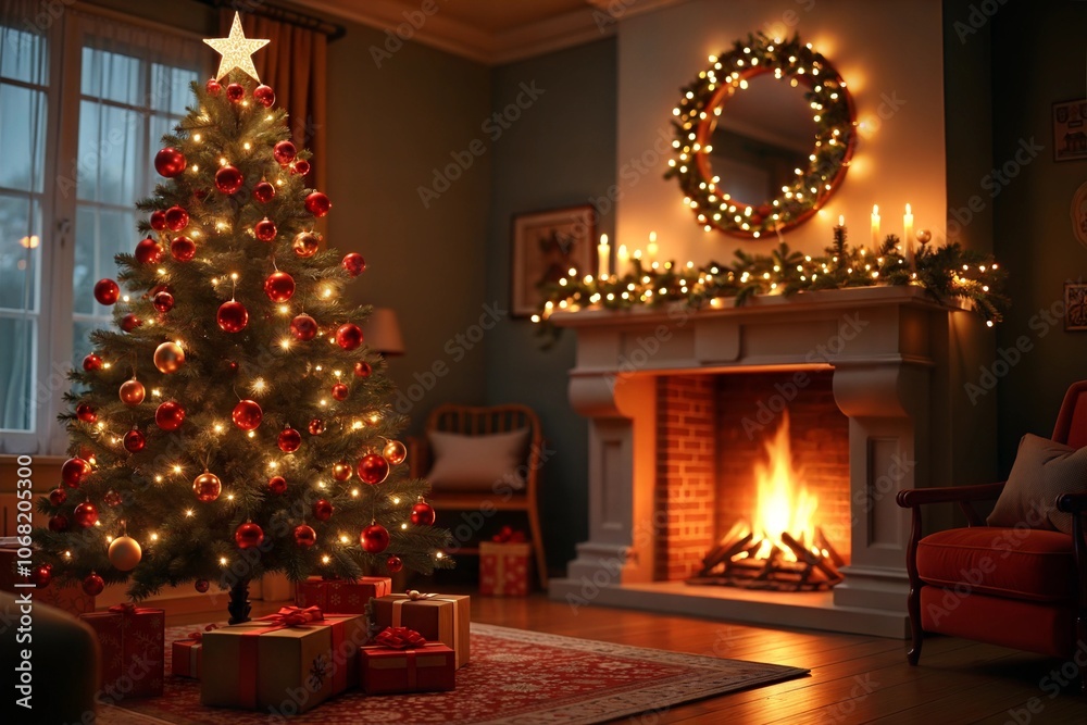 High-resolution illustration of a Christmas tree with ornaments and lights in a cozy living room with fireplace and golden lighting High-resolution illustration of a Christmas tree with ornaments and lights in a cozy living room with fireplace and golden lighting