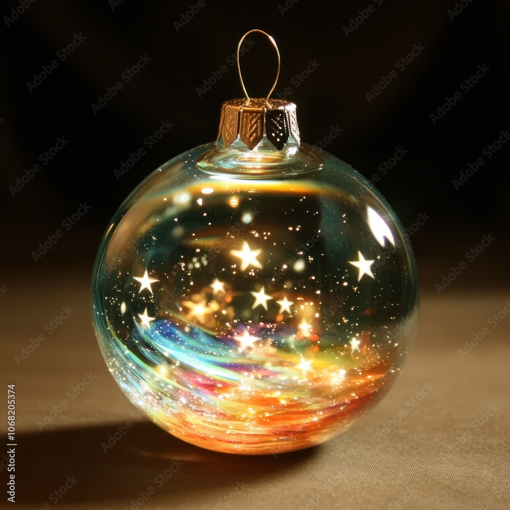 A glass Christmas ornament with stars inside.