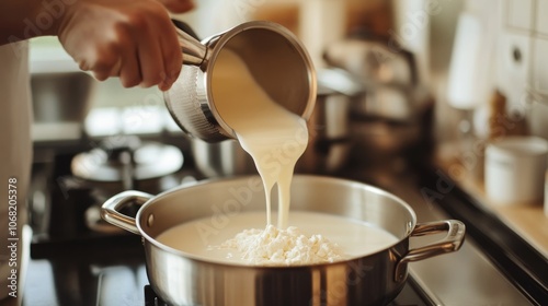 Home cheesemaker begins the cheese making process by pouring milk into a pot on the stove