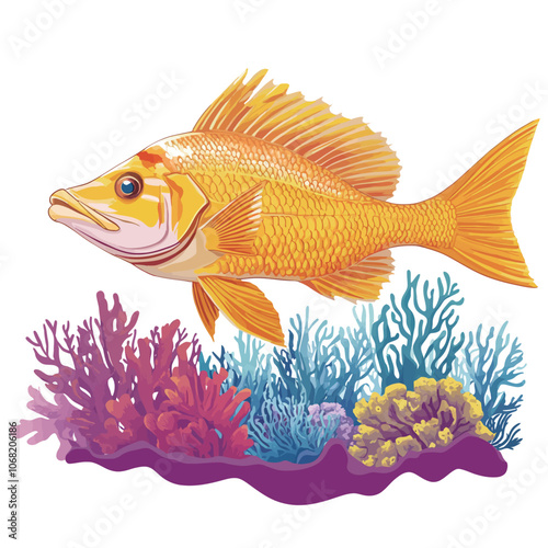 Illustration of a fish on a coral reef. Vector illustration. 