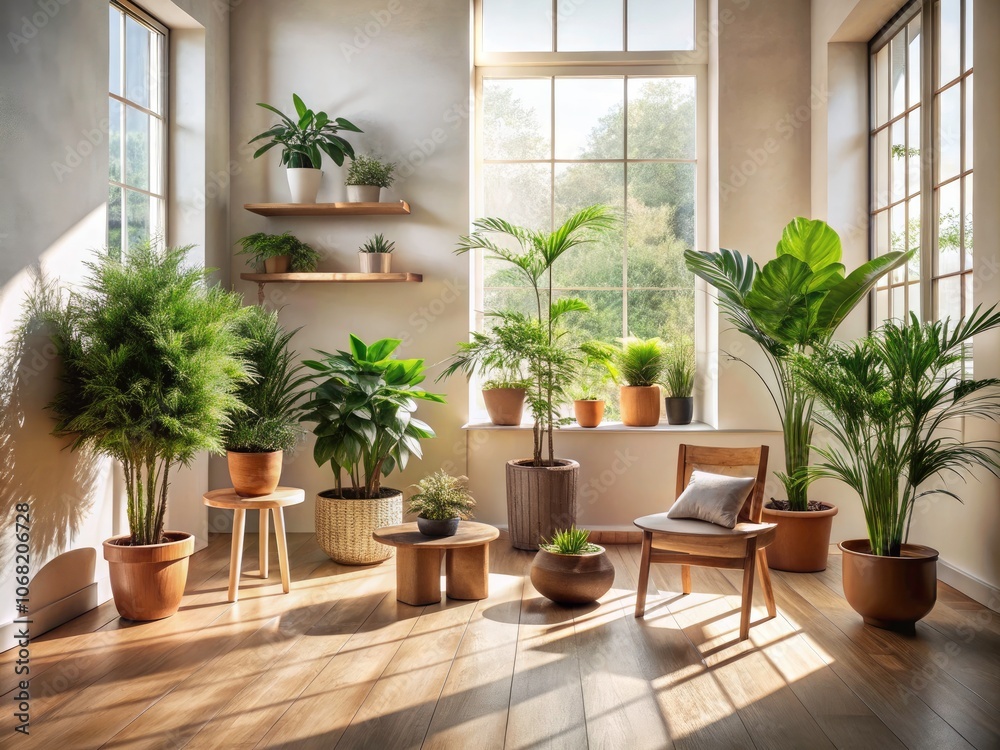 Minimalist Interior Design with Potted Plants and Natural Sunlight, Emphasizing Serenity and Nature's Beauty Minimalist Interior Design with Potted Plants and Natural Sunlight, Emphasizing Serenity and Nature's Beauty