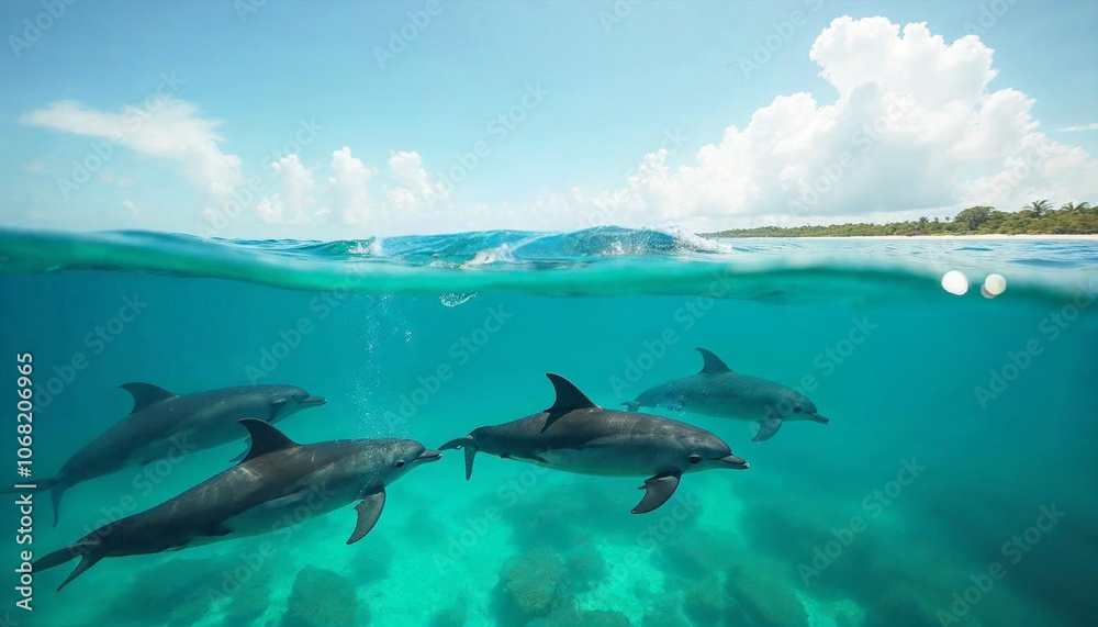 Naklejka premium Bottlenose dolphins swimming and jumping in the clear waters of the Caribbean Sea with coral reefs visible below and Roatan's picturesque beaches under a bright afternoon sky