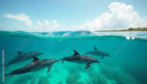 Bottlenose dolphins swimming and jumping in the clear waters of the Caribbean Sea with coral reefs visible below and Roatan's picturesque beaches under a bright afternoon sky photo