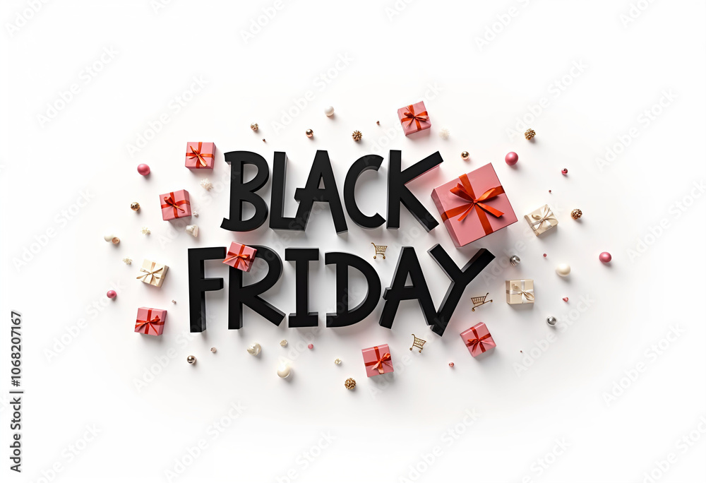 Cute text Black Friday combine black black doff with gift boxes and shopping stuff decorative isolated on white backgound Cute text Black Friday combine black black doff with gift boxes and shopping stuff decorative isolated on white backgound