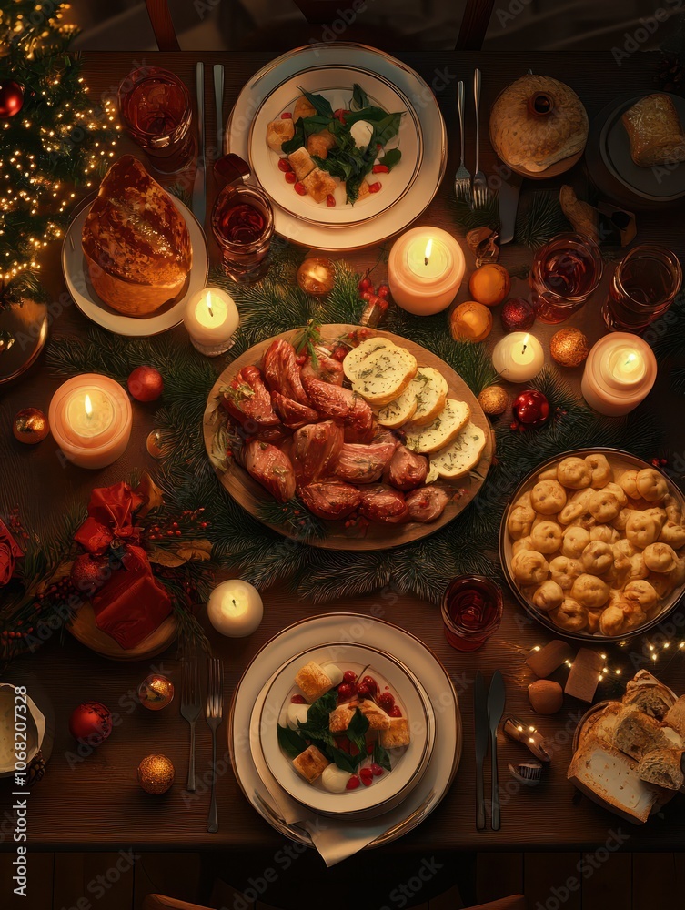 A top-down view of a beautifully set Christmas Eve table, featuring food A top-down view of a beautifully set Christmas Eve table, featuring food