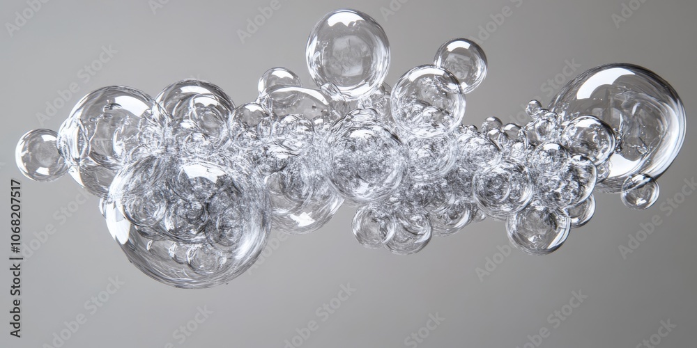 Shiny, see-through bubbles, like water balloons, bump into each other while floating against a gray backdrop. Shiny, see-through bubbles, like water balloons, bump into each other while floating against a gray backdrop.