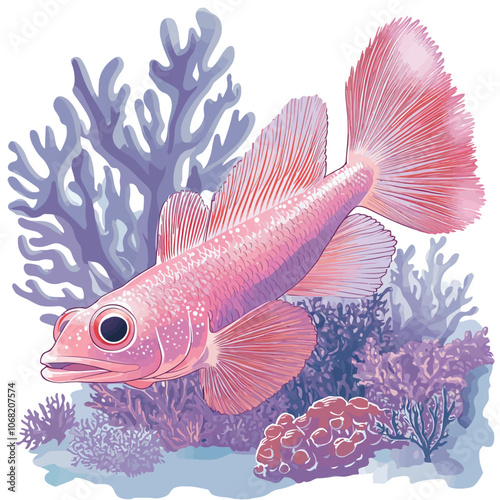 Illustration of a pink fish on a coral reef. Sea life. 