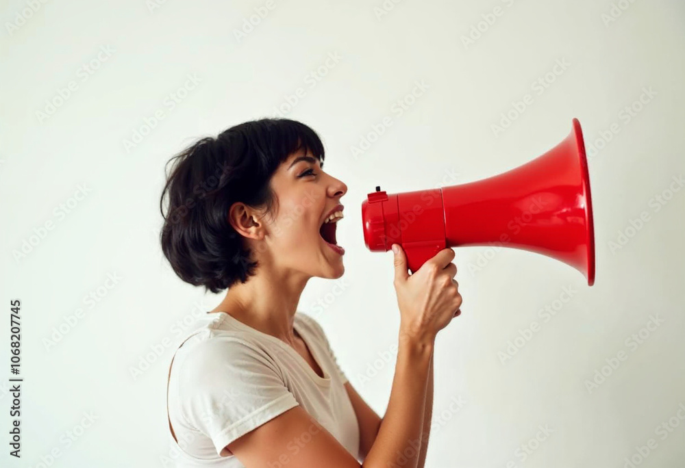 Woman shouting shouted into a Red megaphone against pastel white background Woman shouting shouted into a Red megaphone against pastel white background