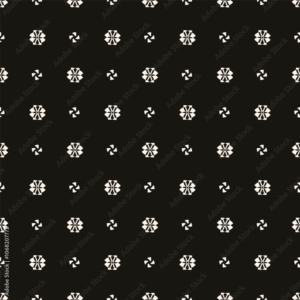Simple minimalist floral pattern. Minimal seamless texture with small flower shapes. Abstract black and white geometric background. For print, package Simple minimalist floral pattern. Minimal seamless texture with small flower shapes. Abstract black and white geometric background. For print, package
