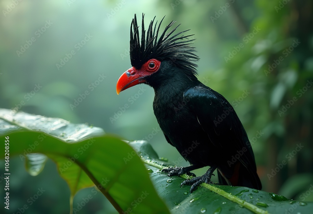 A close-up of a black crested bird with a red beak and eye, perched on a green leaf with water droplets A close-up of a black crested bird with a red beak and eye, perched on a green leaf with water droplets