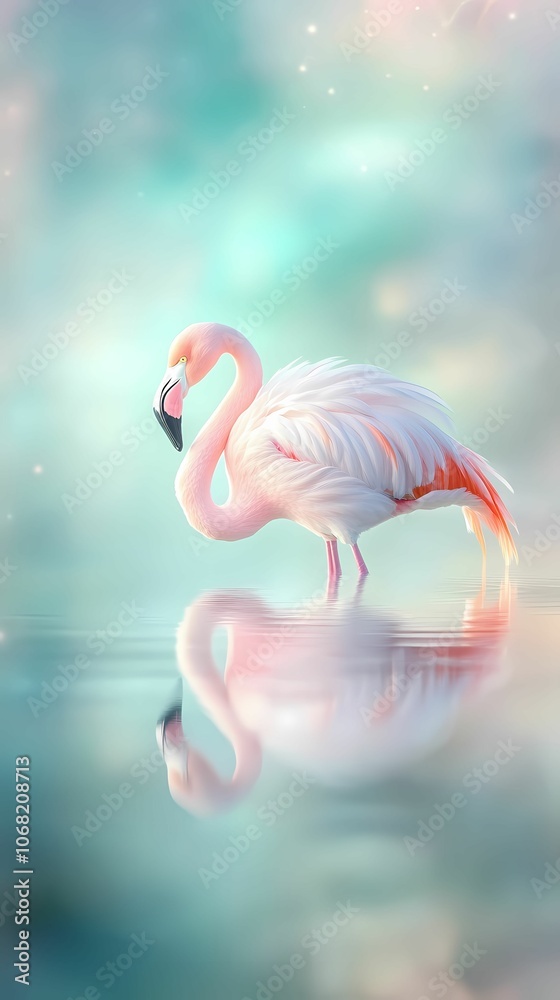 Naklejka premium An intimate macro shot of a single flamingo, highlighting its intricate feather details and striking pink coloration. The flamingo is standing gracefully in shallow water, with its reflection creating