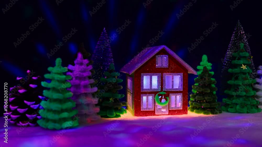 One orange two-story house decorated with a Christmas wreath among colorful fir trees and pine cones One orange two-story house decorated with a Christmas wreath among colorful fir trees and pine cones
