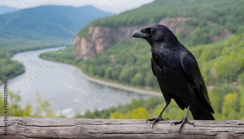 American crow (corvus brachyrhynchos) perched on wooden on natural background. Suitable for marketing or business purposes. Panoramic banner with place for text photo