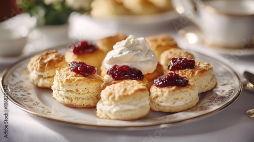 A Plate of Freshly Baked Scones with Cream and Jam