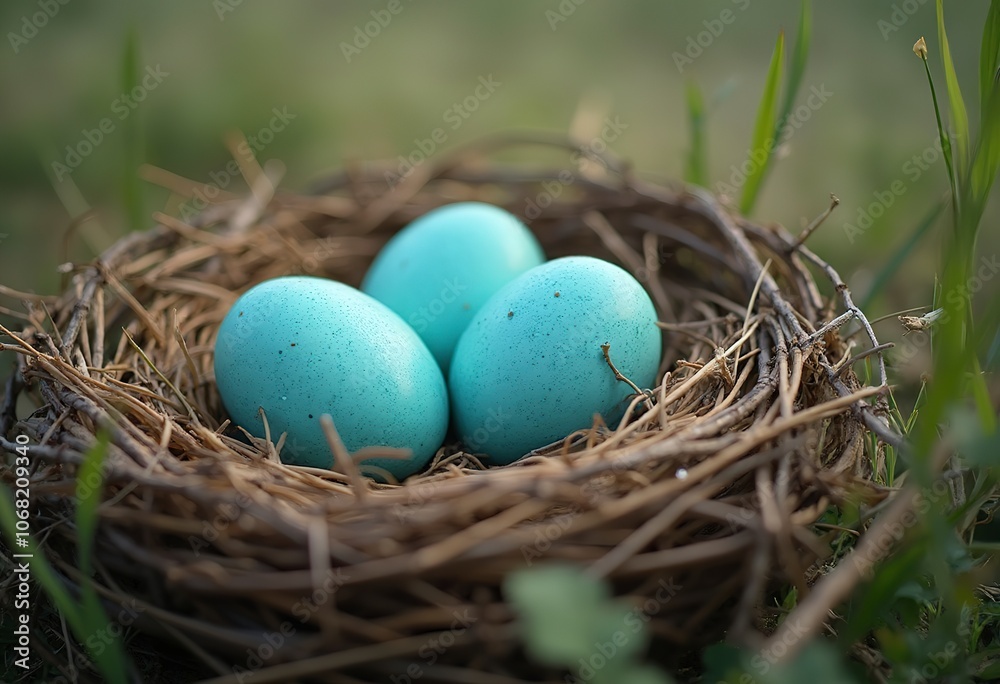Two turquoise blue eggs in a nest made of twigs and straw