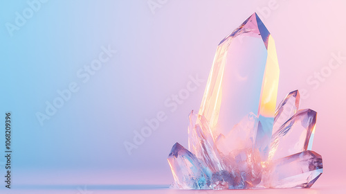 A stunning quartz crystal reflects soft pastel colors while resting on a smooth surface illuminated by gentle light