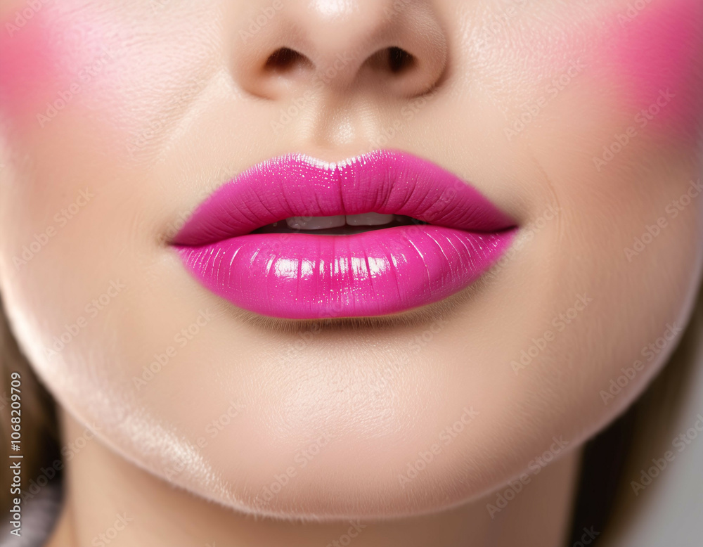 the portrait of focus on pink lip, beautiful woman and her pink lip, powerful cosmetics industry.