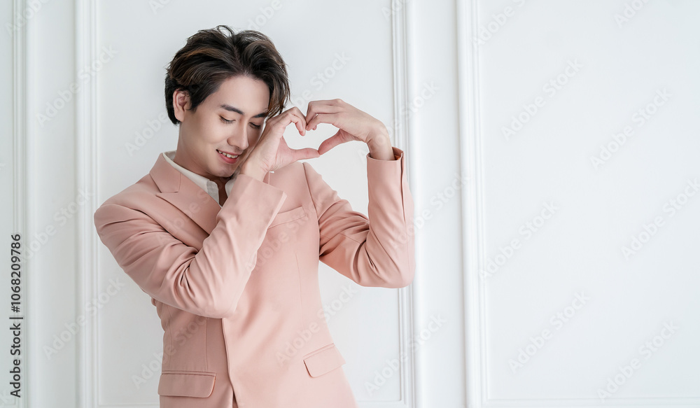 Portrait of young handsome smile asian business man in pink suit hands gesture in heart shape. Smile face asian guy model. Japanese or korean boy lifestyle, happy man valentines day, love concept Portrait of young handsome smile asian business man in pink suit hands gesture in heart shape. Smile face asian guy model. Japanese or korean boy lifestyle, happy man valentines day, love concept