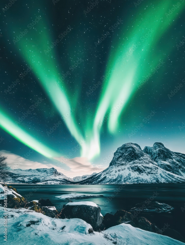 Fototapeta premium Beautiful aurora borealis northern lights in the sky over mountains