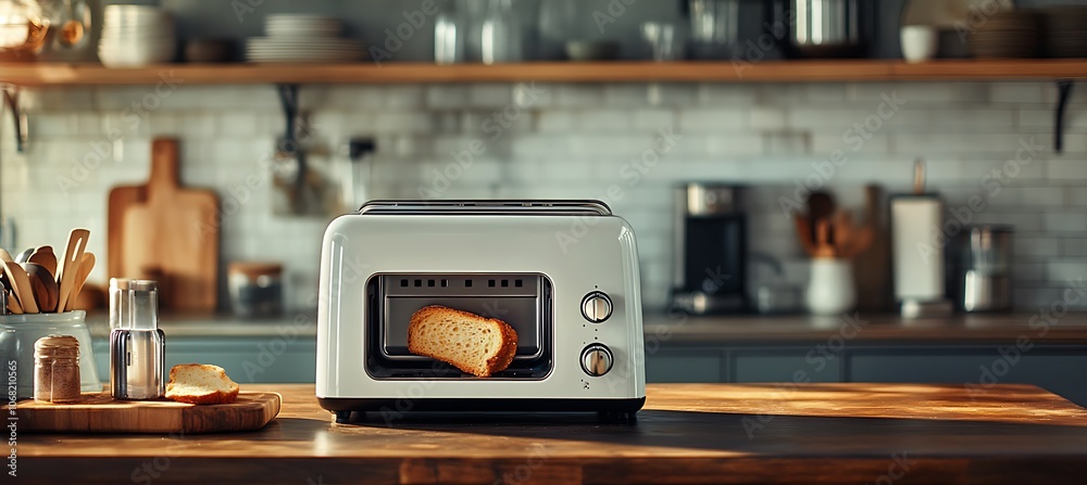 Fototapeta premium A sleek toaster with toast popping up in a contemporary kitchen, space for text to the side