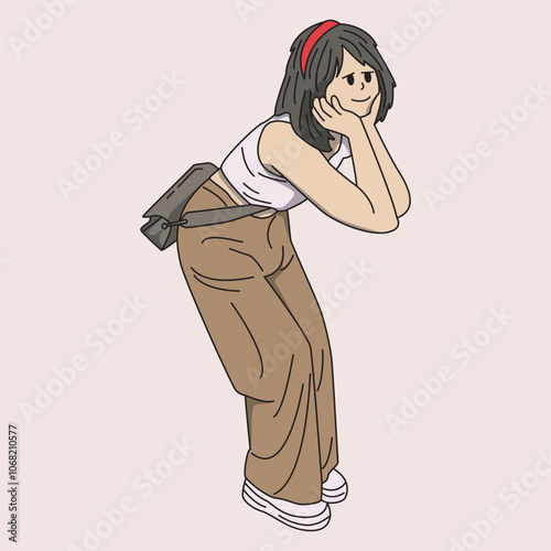 vector illustration of a girl with a fascinated expression with both hands supporting her face